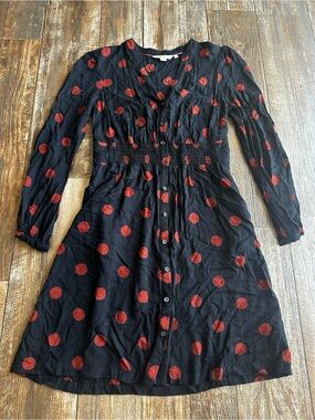 Boden Midi Smocked Waist Red Polka Dot Button Flowy A-line Work Dress Size 6
